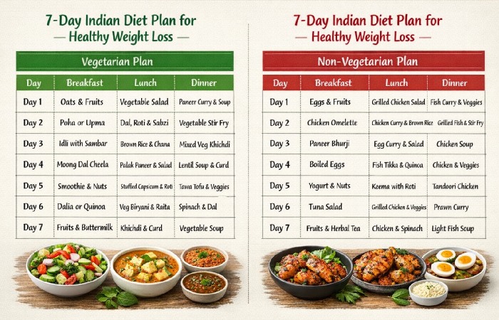Vegetarian and Non-Vegetarian of 7-Day Indian Diet Plan for Healthy Weight Loss